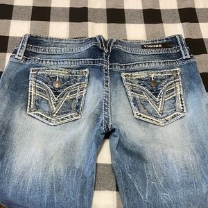 EXC! VIGOSS THE DALLAS CAPRI JEANS 9/10 x 21 Faux Flap Thick Stitch Frayed Hem